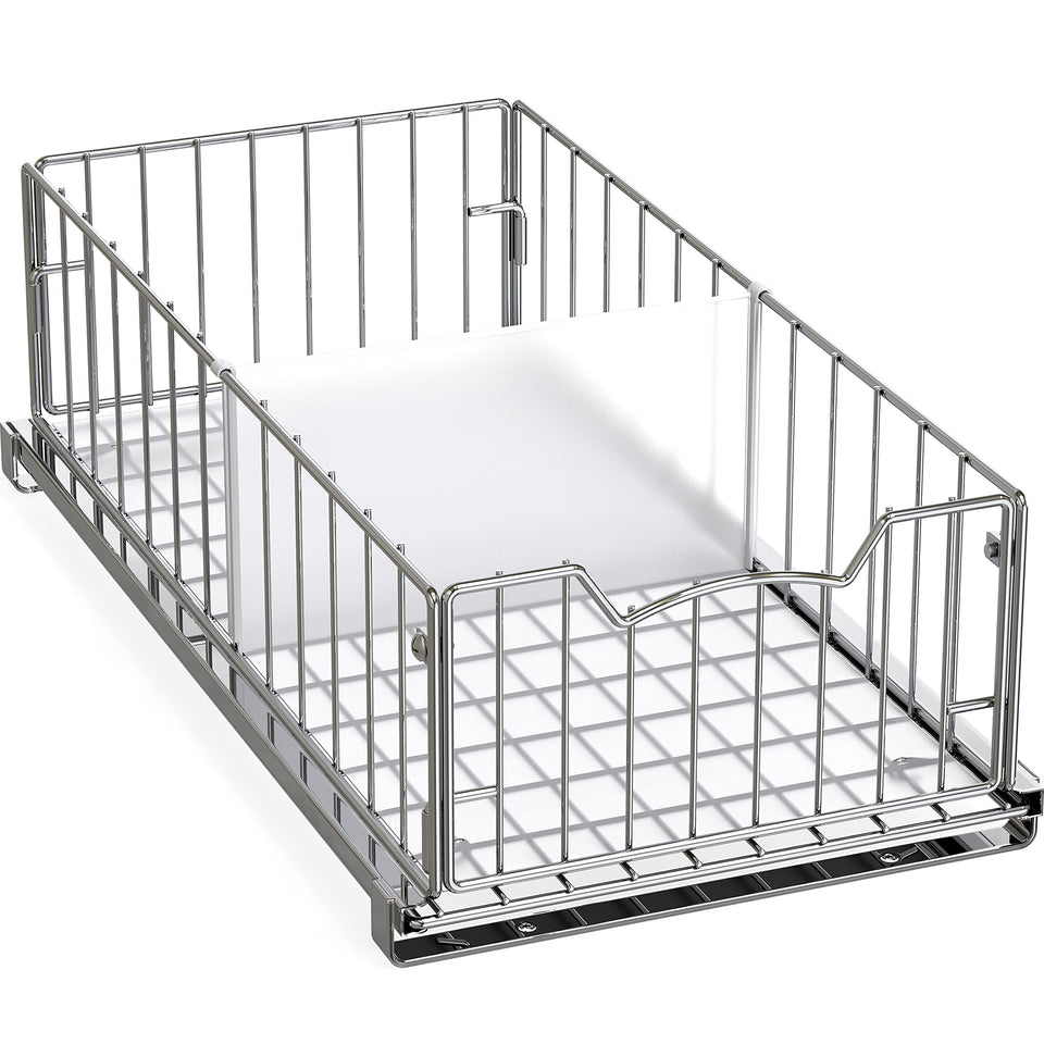 Simple Houseware pull-out cabinet organizer in chrome provides smooth access.