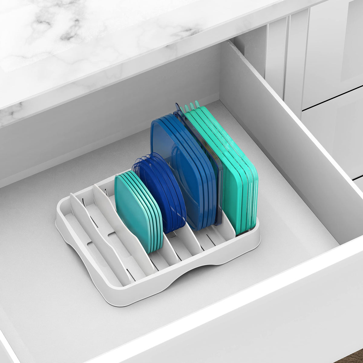 Simple Houseware sleek white finish complements modern kitchen cabinets.