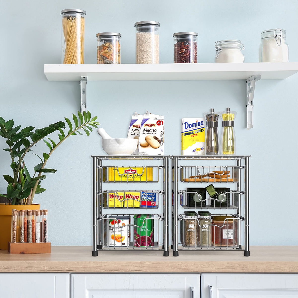 Simple Houseware sliding baskets offer easy access in small kitchens