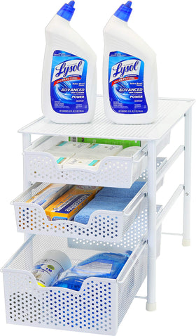 Simple Houseware sliding basket side view demonstrates compact 3-tier design for pantries.