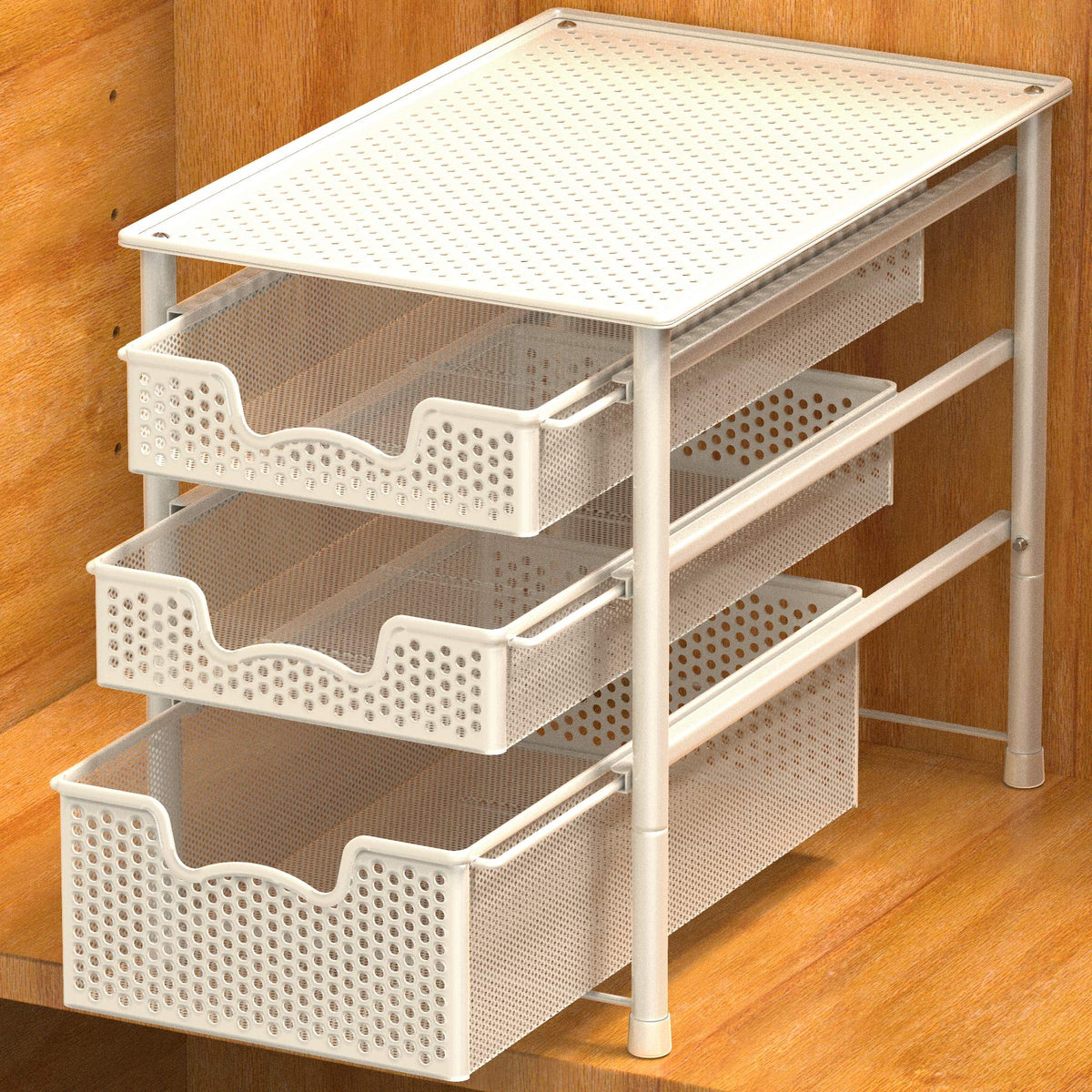 Simple Houseware sliding basket top surface offers extra kitchen storage space.