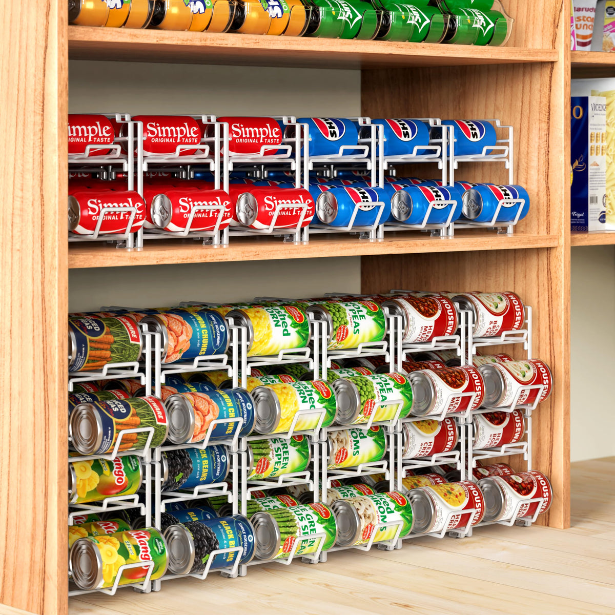 Simple Houseware soda can organizer rack ideal for pantry organization.