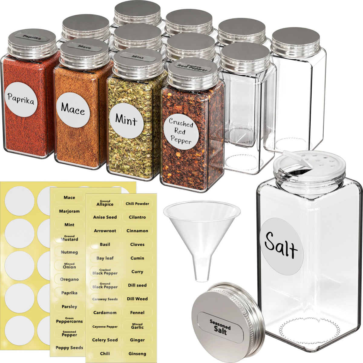 Simple Houseware spice jars with shaker lids for precise dispensing.