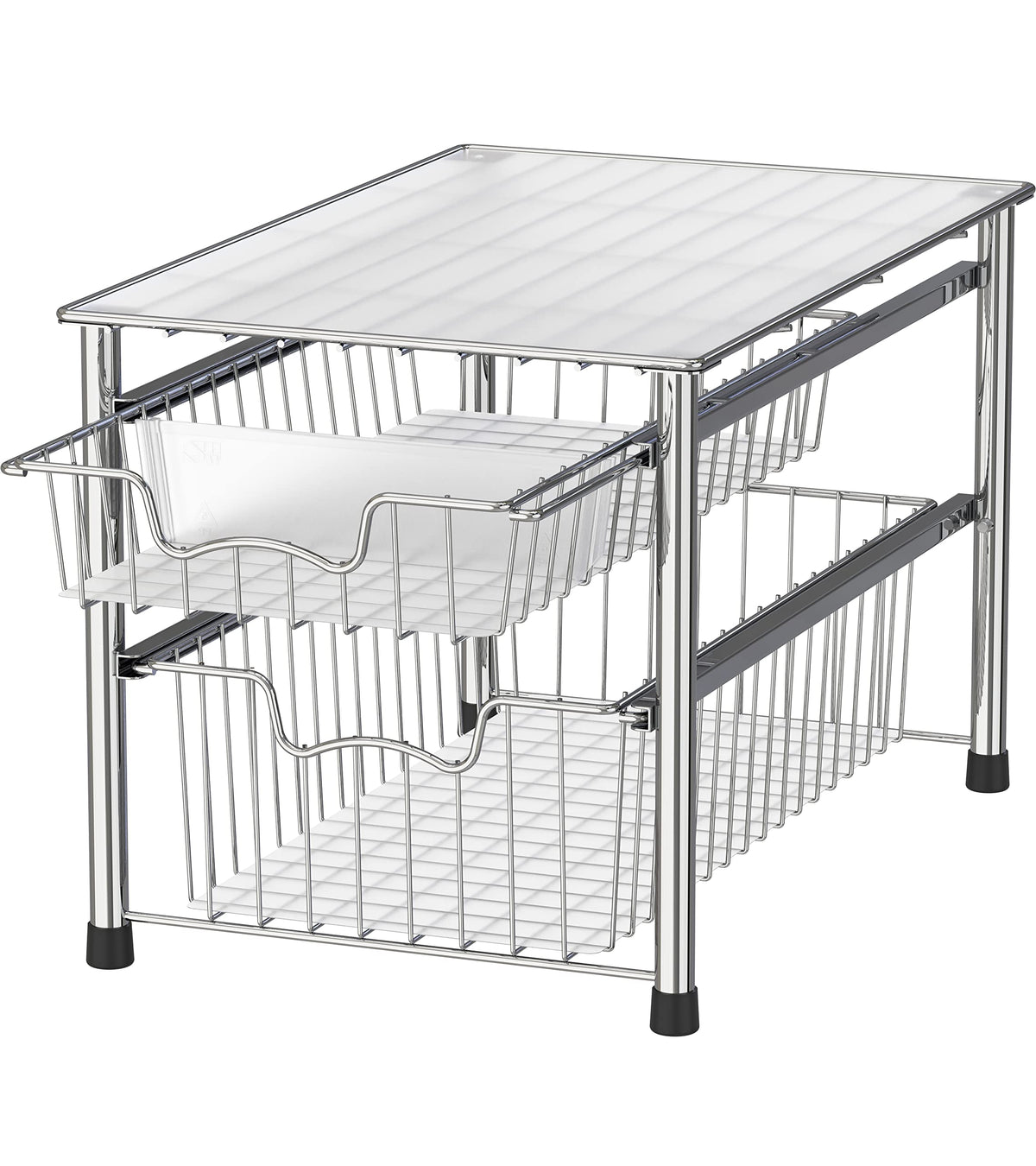 Simple Houseware stackable 2-tier organizer in chrome for space-saving storage.