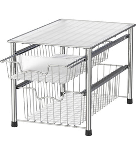 Simple Houseware stackable 2-tier organizer in chrome for space-saving storage.