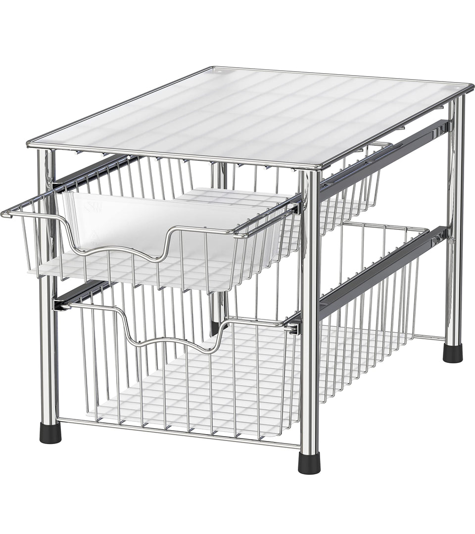 Simple Houseware stackable 2-tier organizer in chrome for space-saving storage.