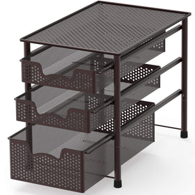 Simple Houseware bronze 3-tier sliding basket, space-saving storage solution.