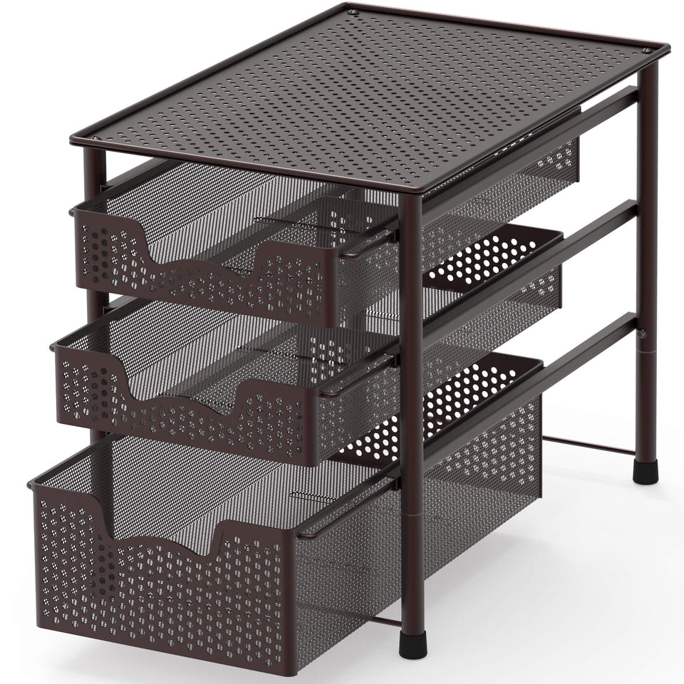 Simple Houseware bronze 3-tier sliding basket, space-saving storage solution.