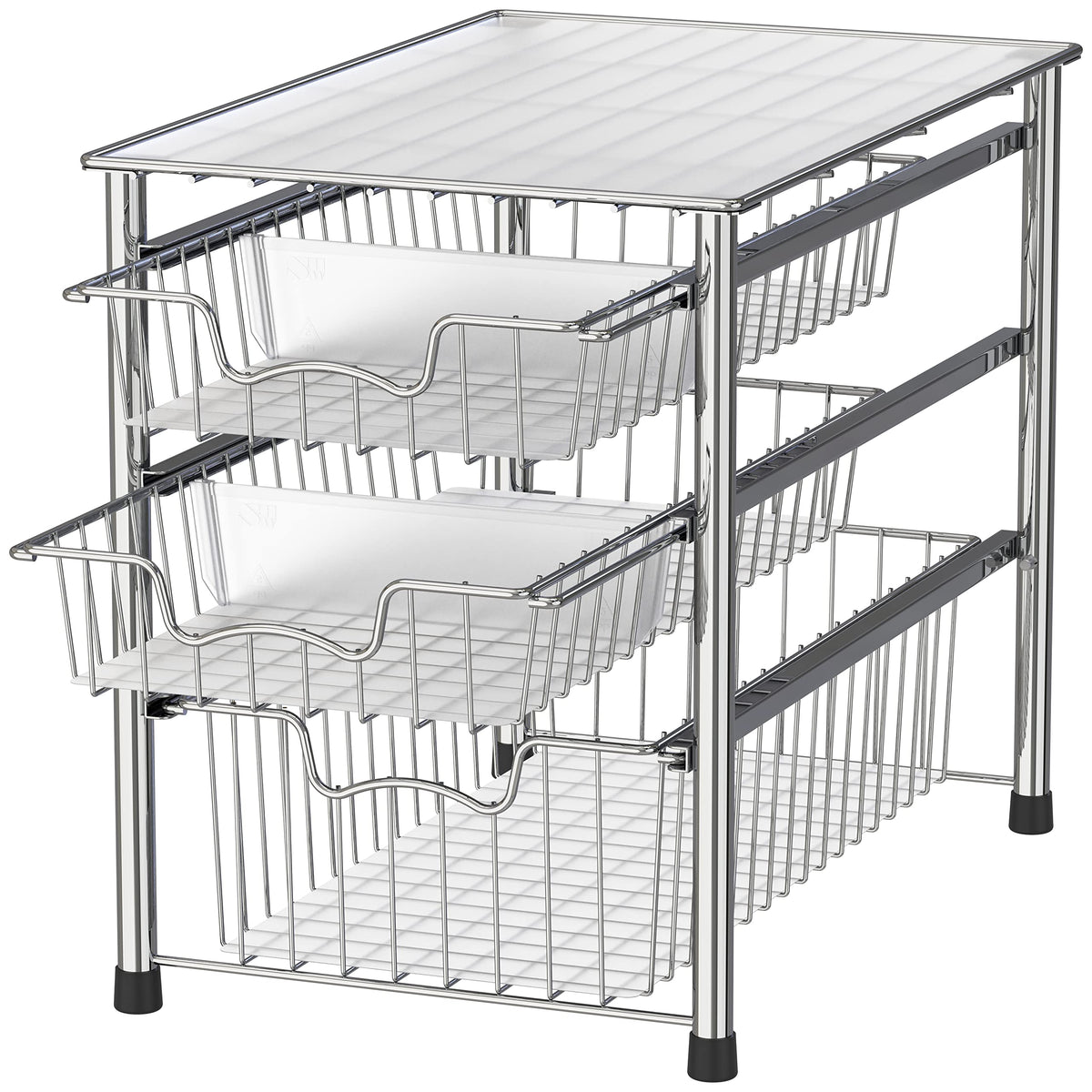 Simple Houseware 3-tier sliding basket organizer in chrome for compact pantry organization