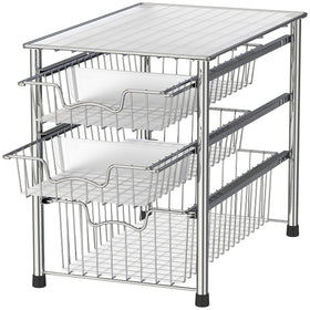 Simple Houseware 3-tier sliding basket organizer in chrome for compact pantry organization