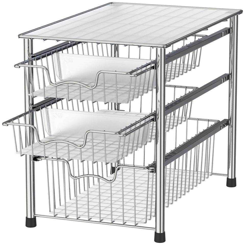 Simple Houseware 3-tier sliding basket organizer in chrome for compact pantry organization