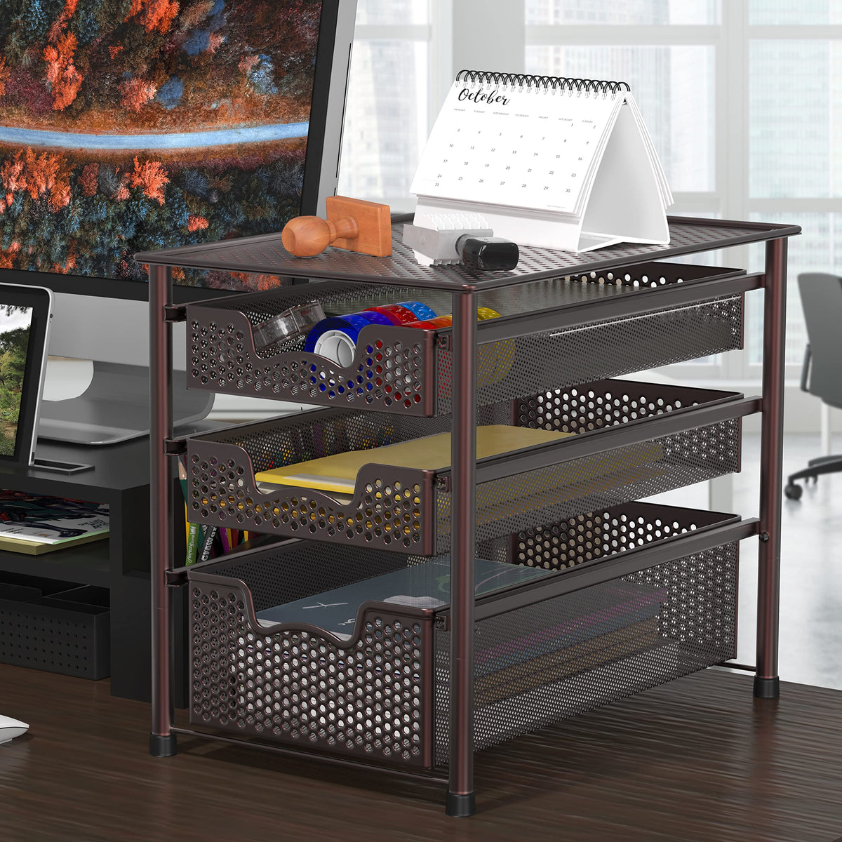 Simple Houseware bronze top-surface view of stacked baskets for extra storage.