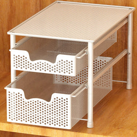 Simple Houseware stackable 2-tier sliding basket demonstrates space-saving design for small kitchens.