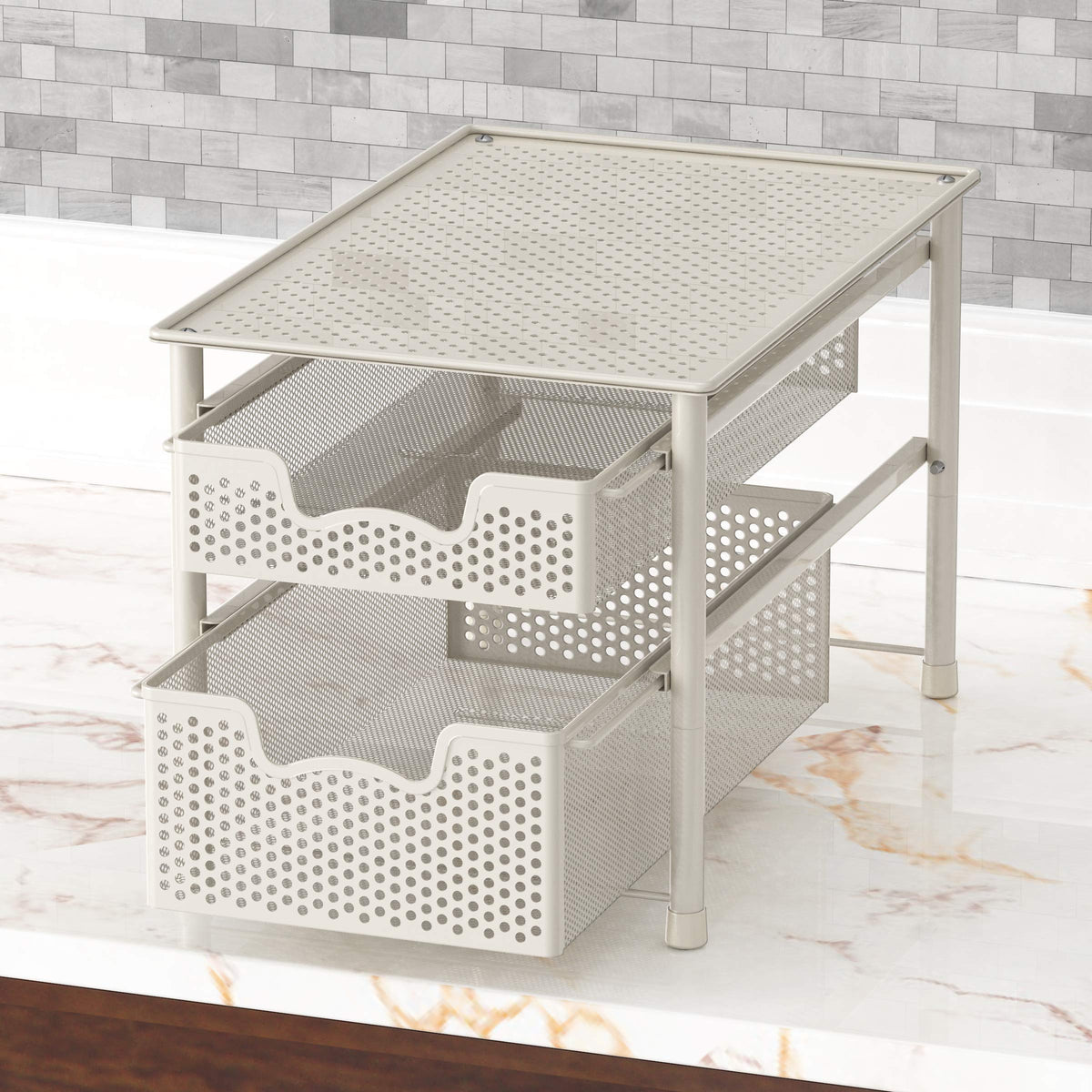 Simple Houseware kitchen bathroom storage solution helps gain cabinet and pantry space.