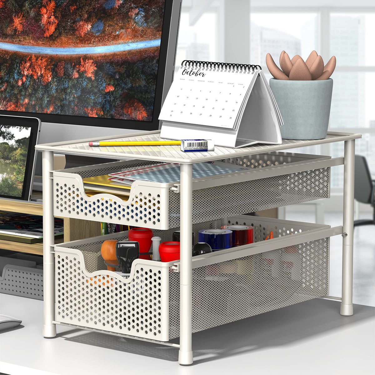 Simple Houseware stackable basket top surface storage maximizing countertop organization.