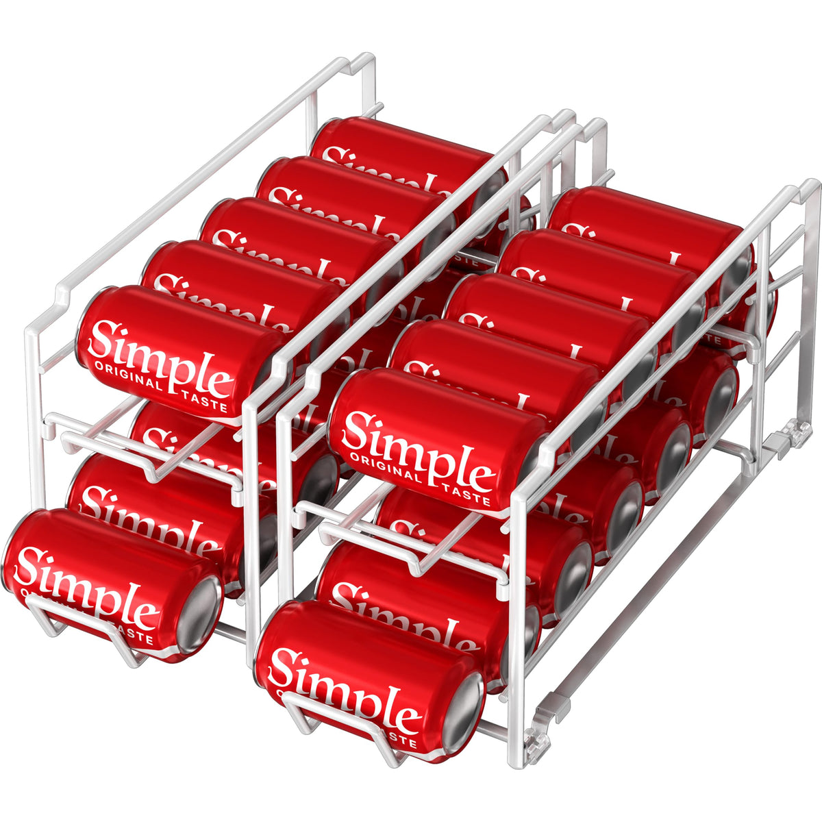 Simple Houseware white stackable beverage can dispenser rack front view keeps 12 oz cans neatly accessible.