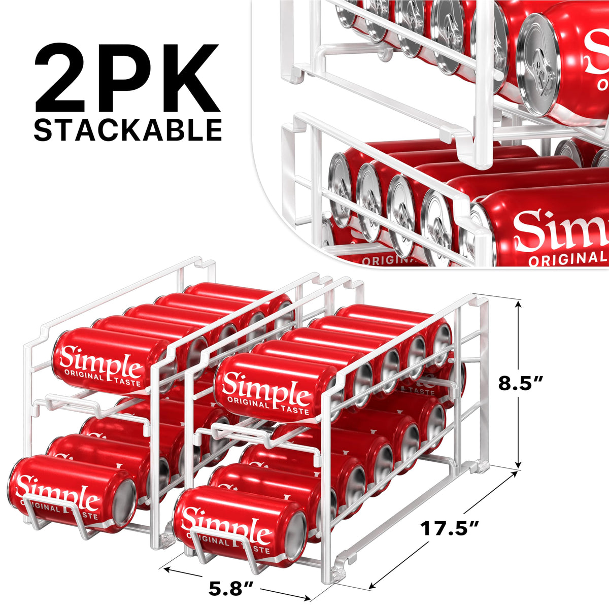 Simple Houseware white stackable beverage can dispenser rack side view compact profile saves pantry space.