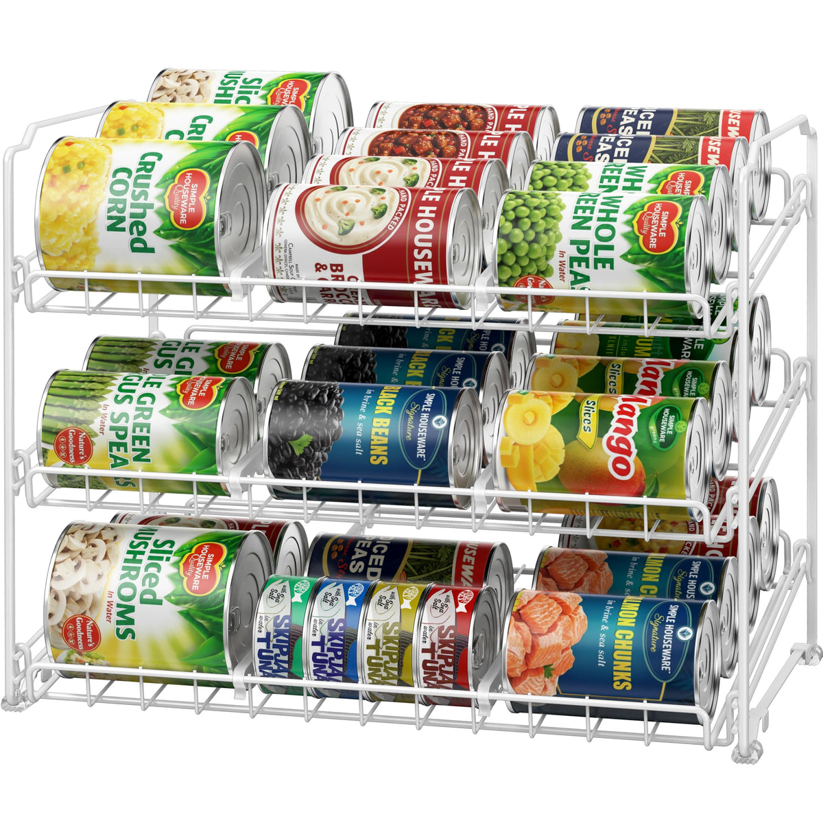 Simple Houseware can organizer rack front view shows three stacked shelves for organized pantry storage.
