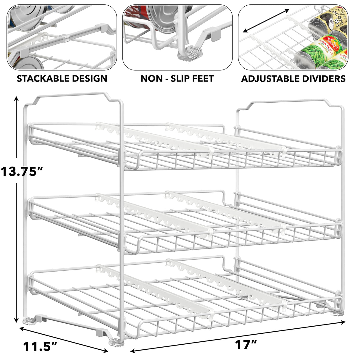 Simple Houseware rack side view highlights angled shelves for easy, first-in-first-out can access.