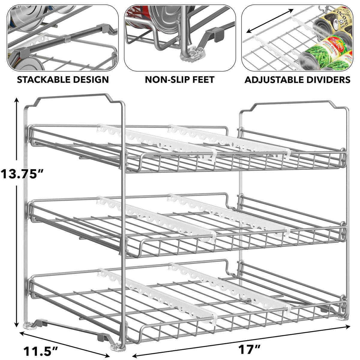 Three-tier design holds up to 36 cans for easy rotation and access.