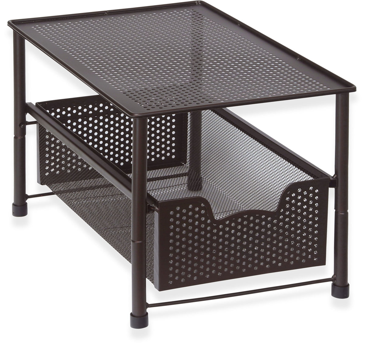 Simple Houseware bronze under-sink sliding basket in use for space savings.
