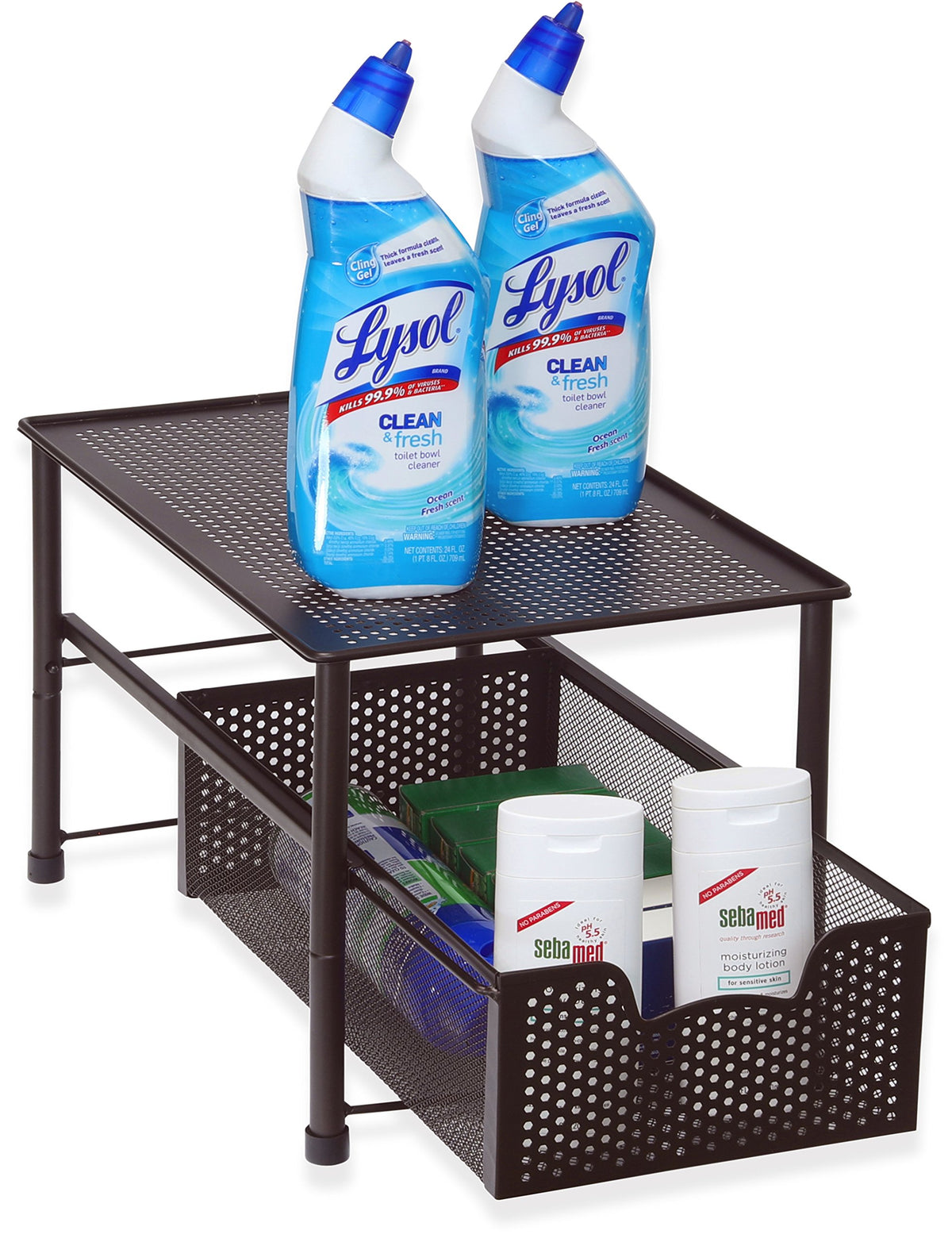 Simple Houseware two-set stackable configuration under sink for organized shelves.