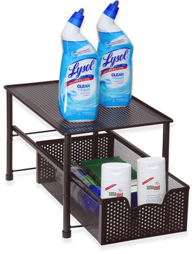 Simple Houseware two-set stackable configuration under sink for organized shelves.