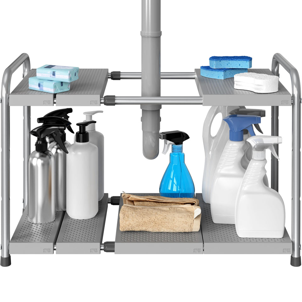 Simple Houseware under-sink 2-tier rack extends for a custom fit and easy access.