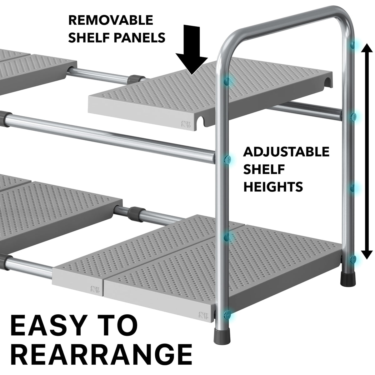 Simple Houseware under-sink rack with perforated shelves allows water-resistant storage in sinks.