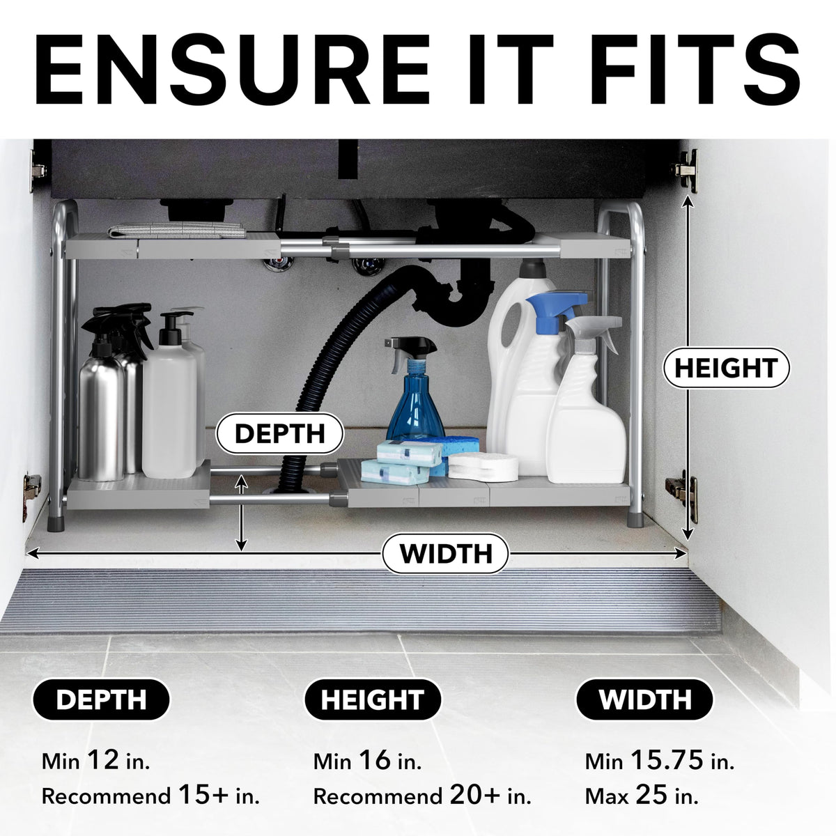 Simple Houseware under-sink 2-tier rack features removable panels for flexible setup.