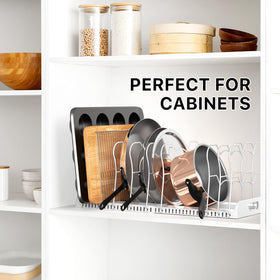 Simple Houseware under-sink storage setup using the rack keeps cookware organized