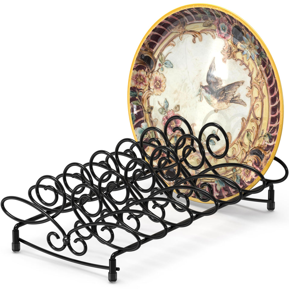 Simple Houseware vertical plate stand with six compartments keeps plates organized and accessible.
