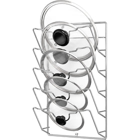 Simple Houseware wall-mounted lid rack in chrome for clutter-free kitchen organization.
