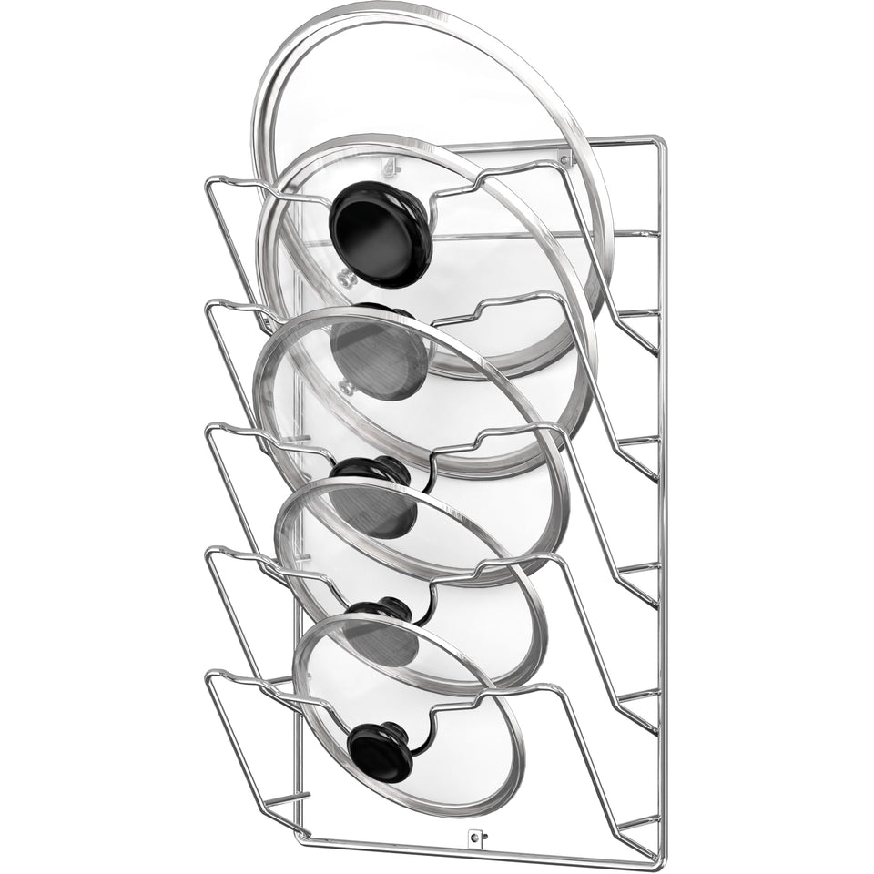 Simple Houseware wall-mounted lid rack in chrome for clutter-free kitchen organization.
