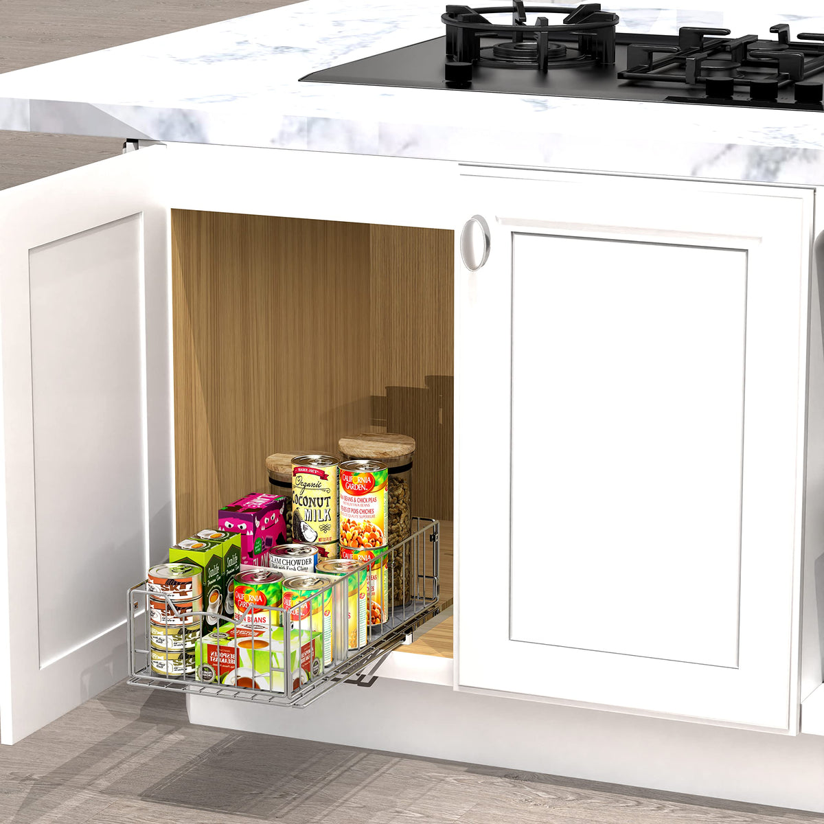 Simple Houseware wheel-guided rail system enables effortless sliding.