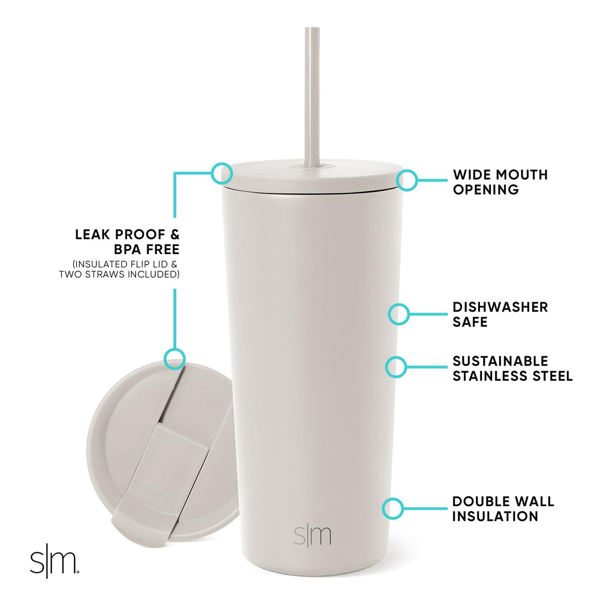 Simple Modern Classic Tumbler 20oz Almond Birch body highlights durable 18/8 stainless steel.