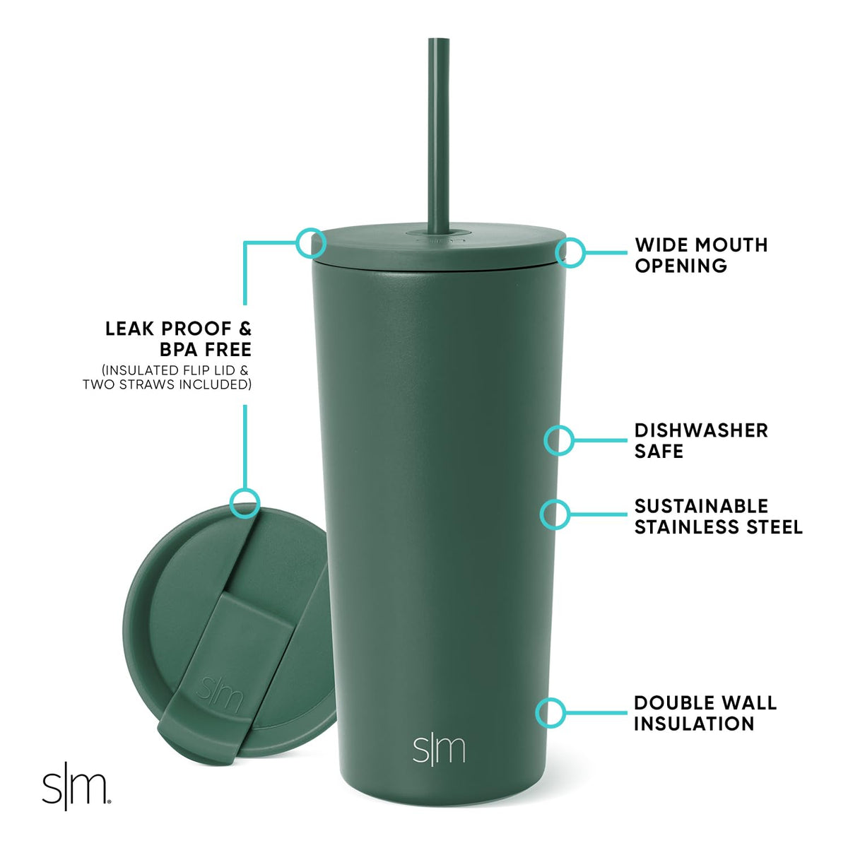 Forest color tumbler with straw lid, spill-resistant design for on-the-go hydration.