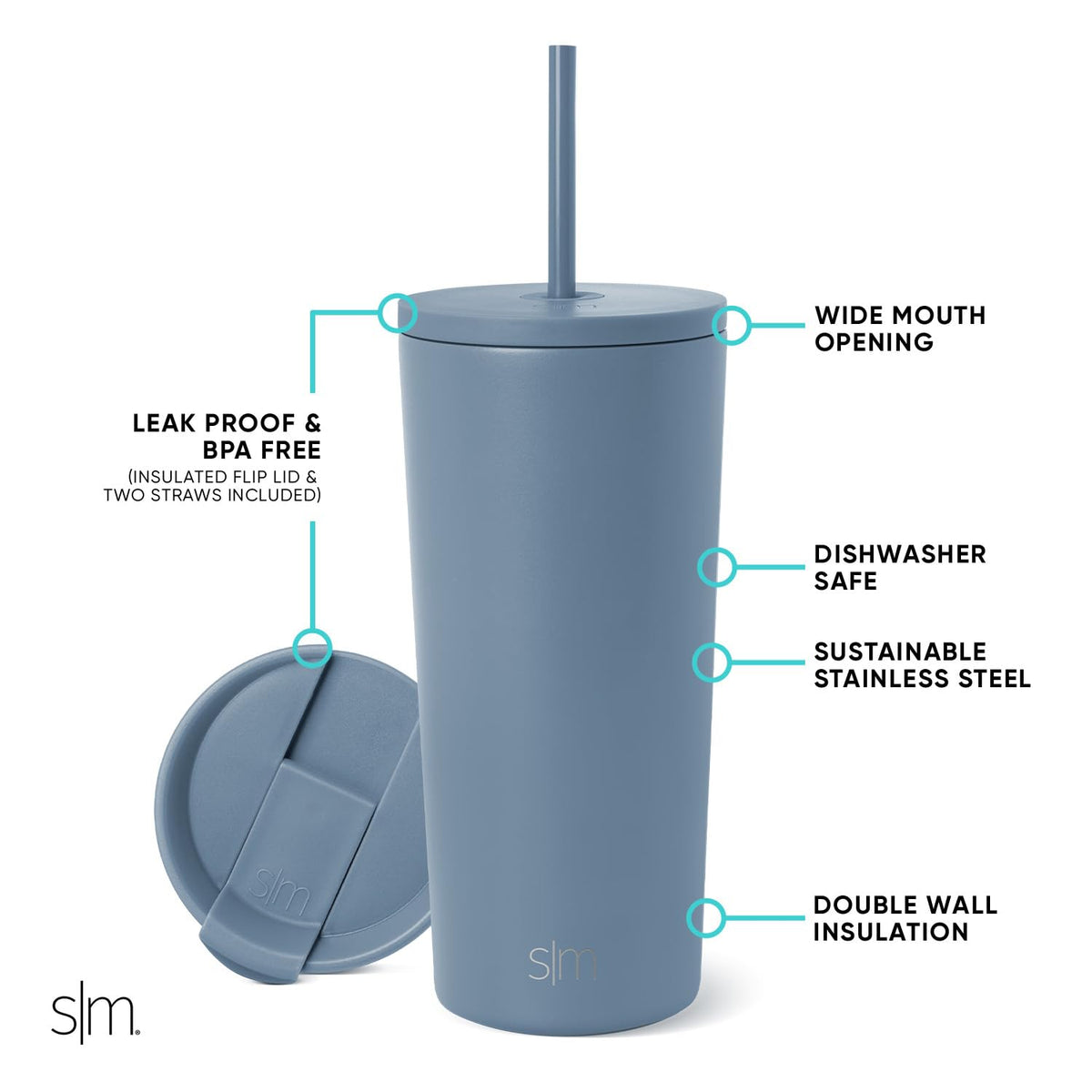 Lid of Simple Modern Classic Tumbler with gasket reduces leaks and splashes.