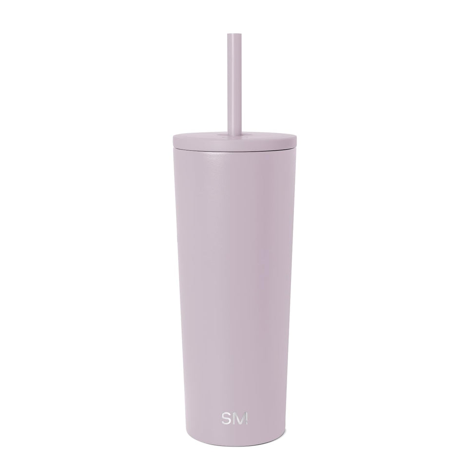 Simple Modern Classic tumbler with lavender straw lid; spill-resistant travel companion.