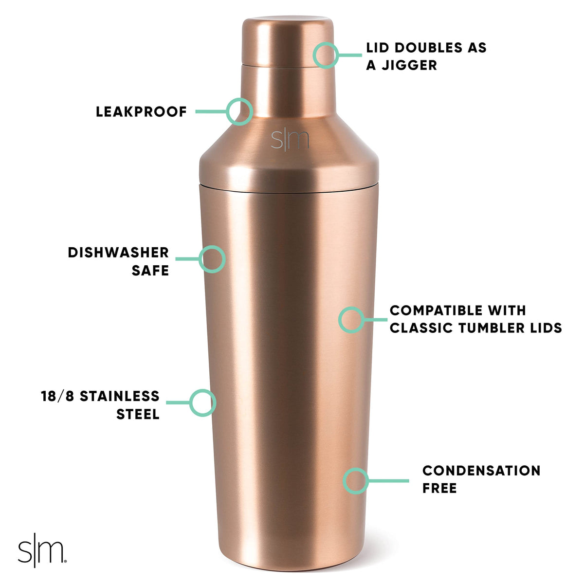 Simple Modern shaker lid with leakproof seal and built-in strainer for mess-free mixing.