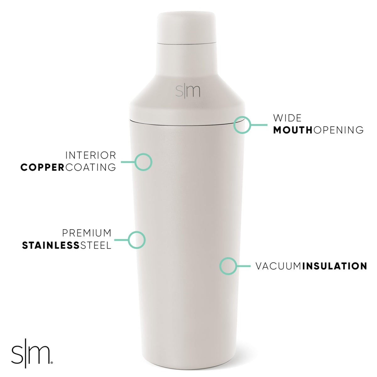 Simple Modern shaker shows double-wall insulation for cold drinks and no sweating