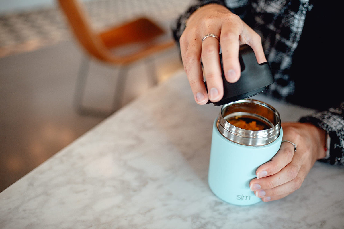 Simple Modern food jar midnight-black finish adds sleek style to lunches.