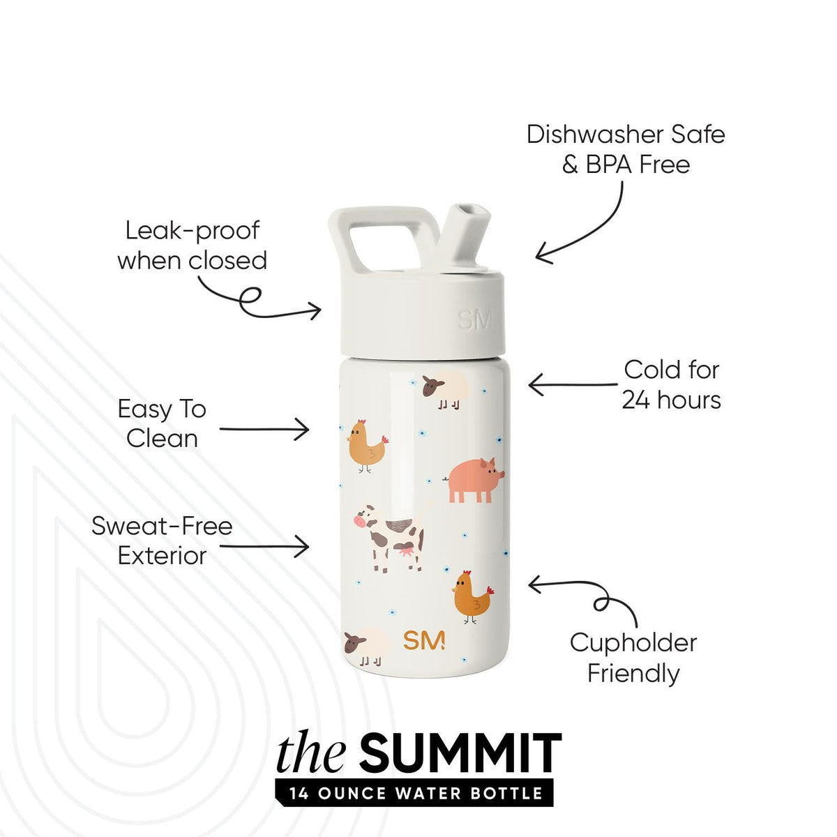 14oz stainless steel insulated Summit bottle keeps drinks cold for hours.