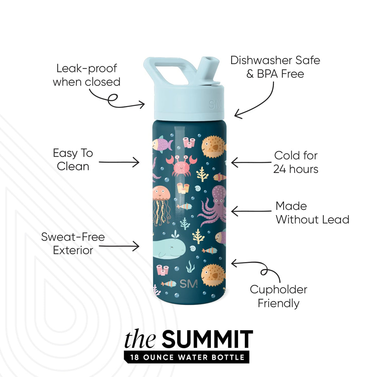 Simple Modern Kids Summit bottle close-up shows leak-proof straw lid for mess-free days.