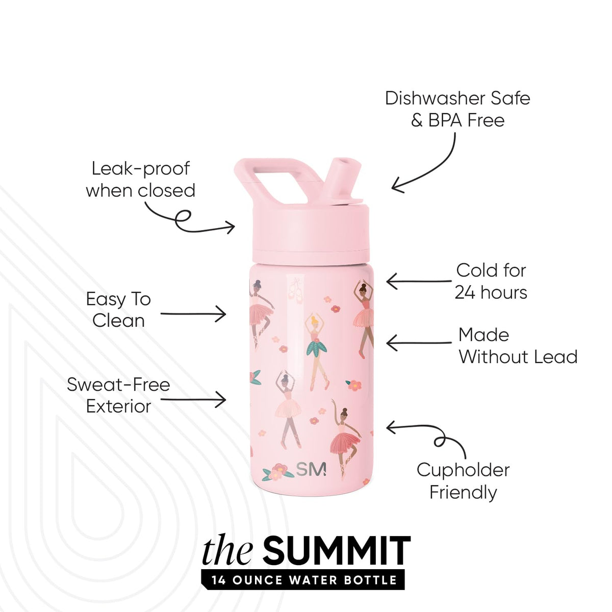 Simple Modern Summit bottle shown as dishwasher safe for easy cleanup after school
