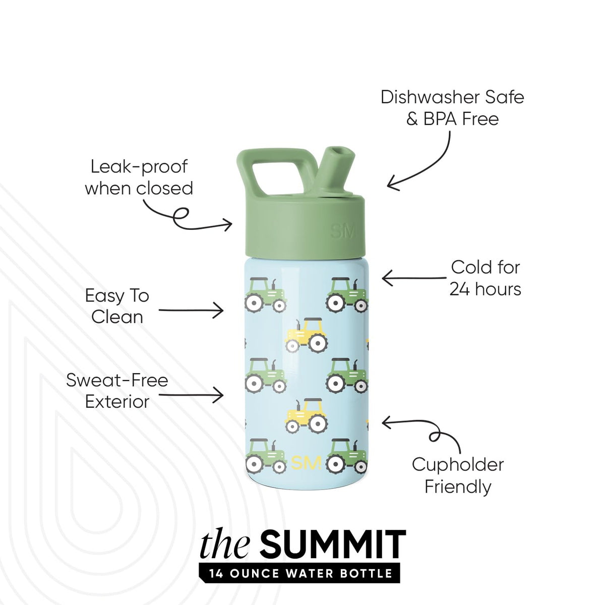 Simple Modern Kids Summit bottle highlighting double-wall insulation for cold beverages.