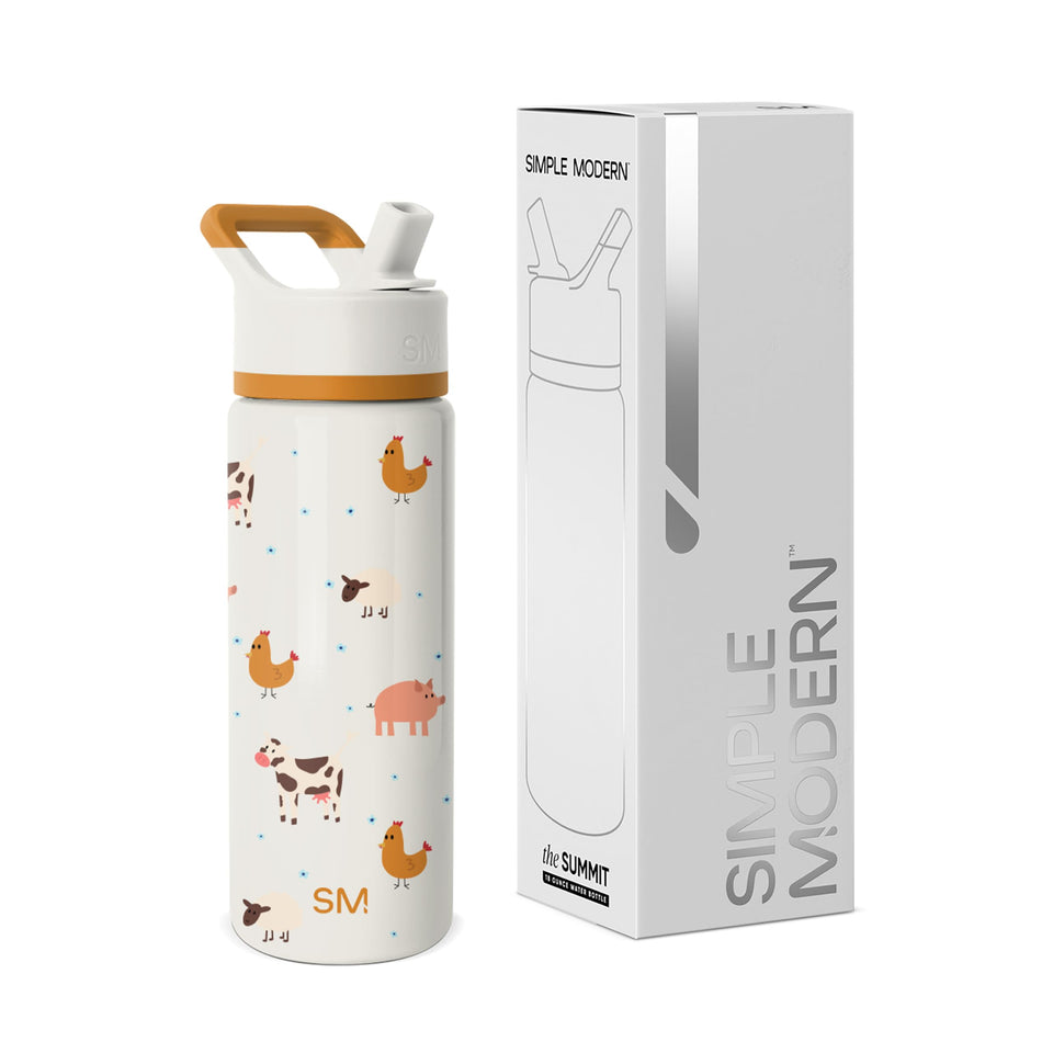 Simple Modern Kids Summit bottle with farm animals design keeps kids hydrated on the go.