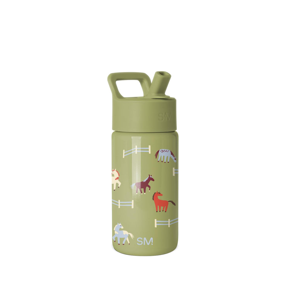 Simple Modern Kids Summit bottle with straw lid, Horse Field design, leakproof for school days.