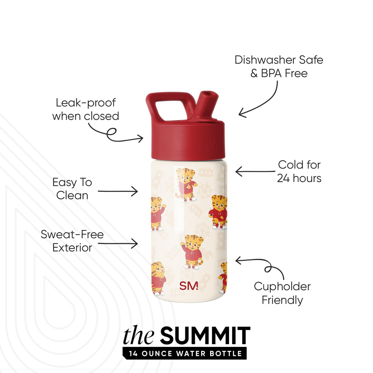Close-up of Daniel Tiger design on the Simple Modern Summit bottle for school days.
