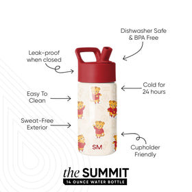 Close-up of Daniel Tiger design on the Simple Modern Summit bottle for school days.